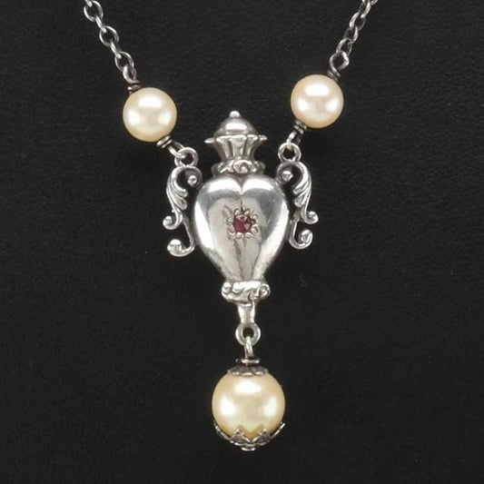 Vintage Art Novaue Natural Pearl, Rose Cut Ruby Urn Sterling Silver Necklace N2377