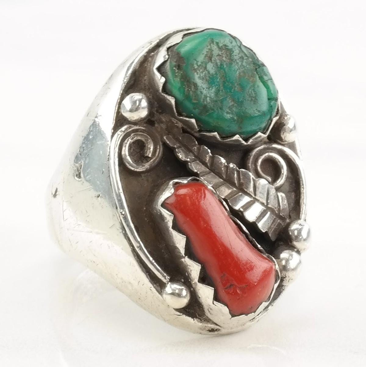 Native Silver Ring Turquoise Coral Leaf Sterling Sz 10 R4305