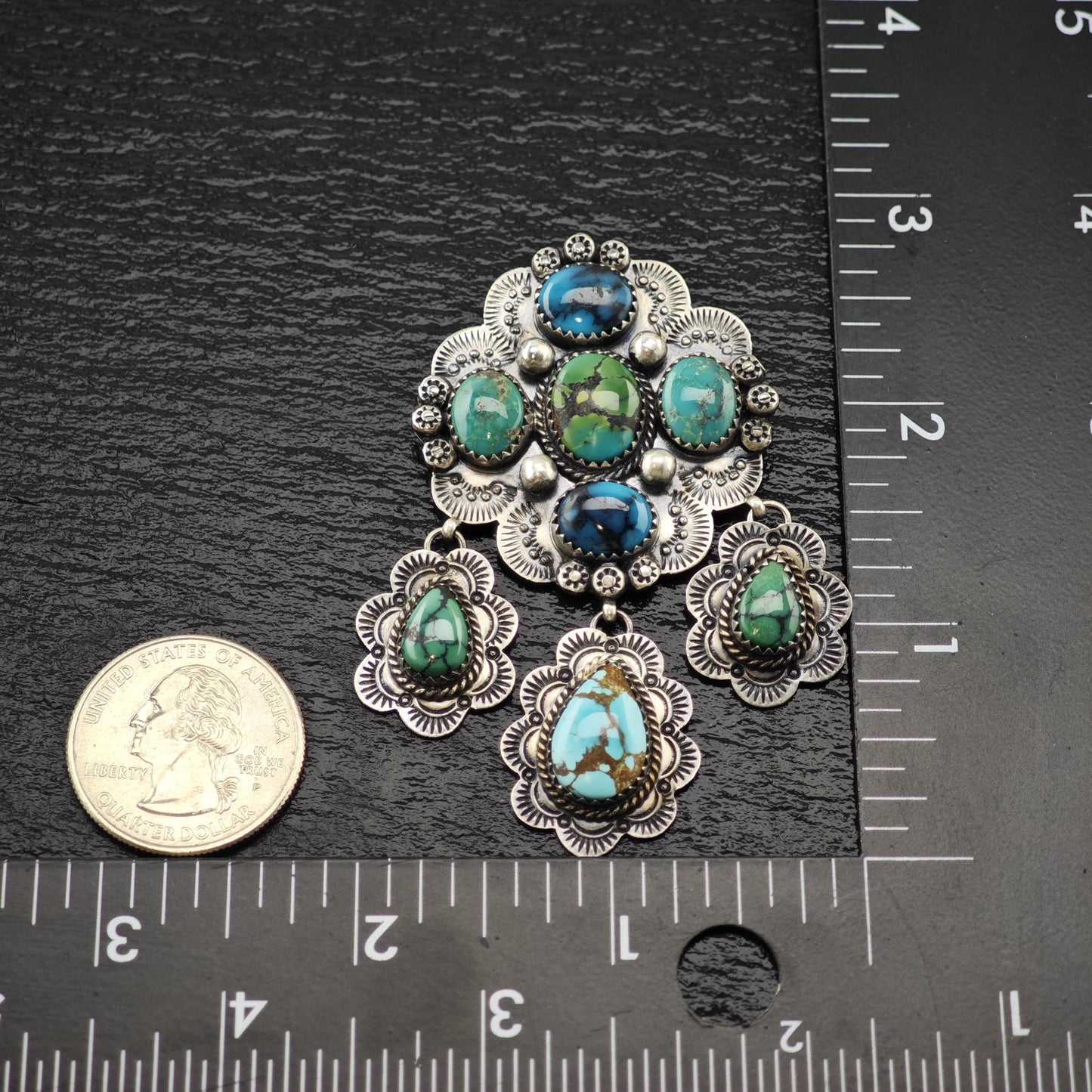 Native American Turquoise Brooch, Floral Stamped Sterling Silver