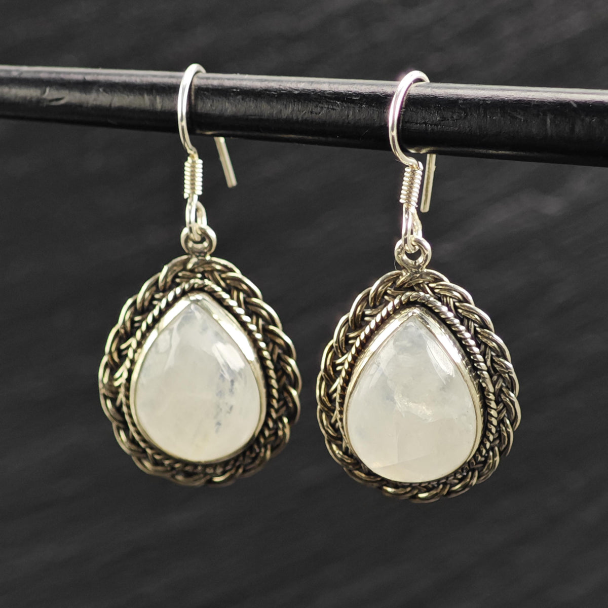 Teardrop Moonstone Braided Detail Sterling Silver Dangle Earrings ER3214