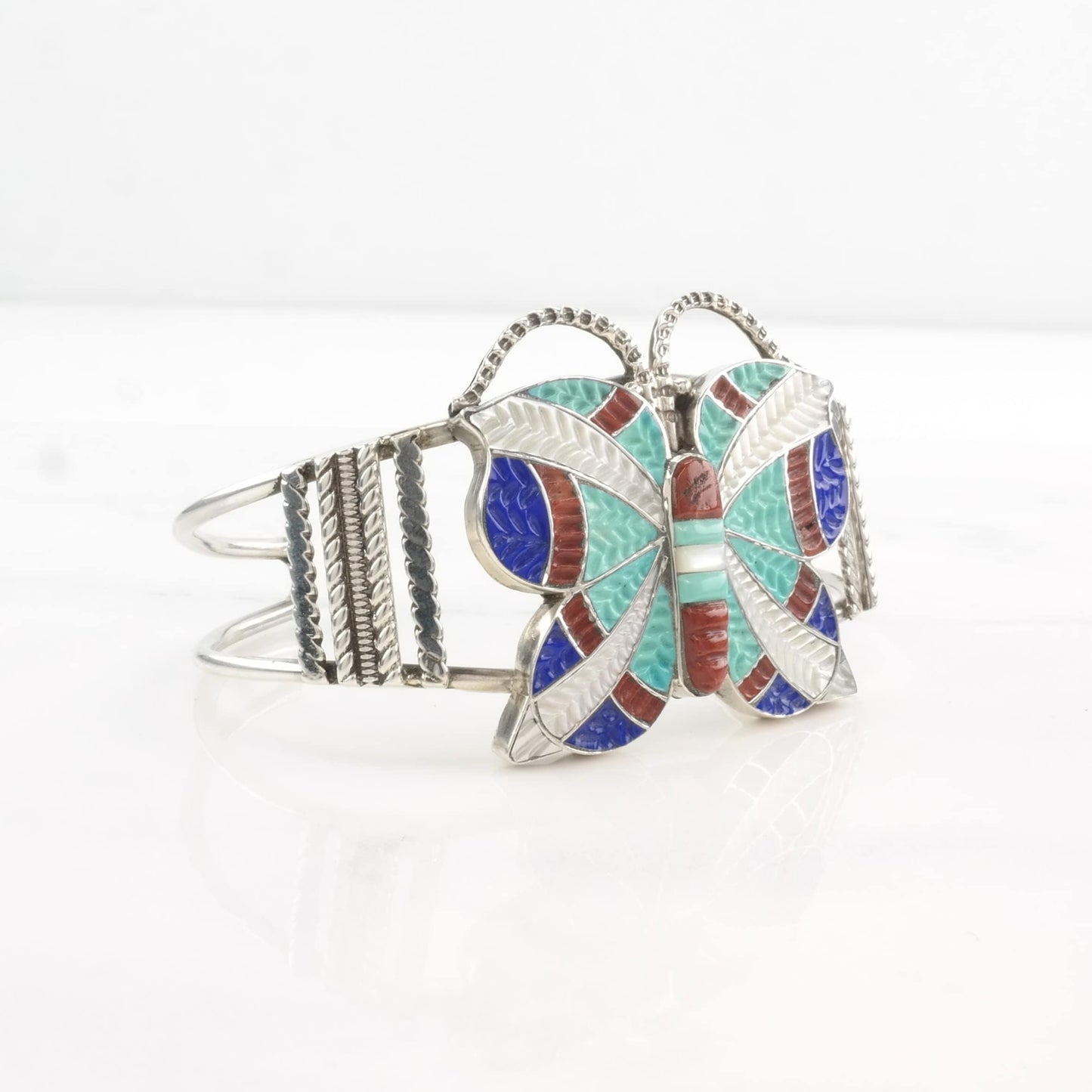 Vintage Zuni Inlay Butterfly Cuff Bracelet Native American Sterling Silver Carved Turquoise