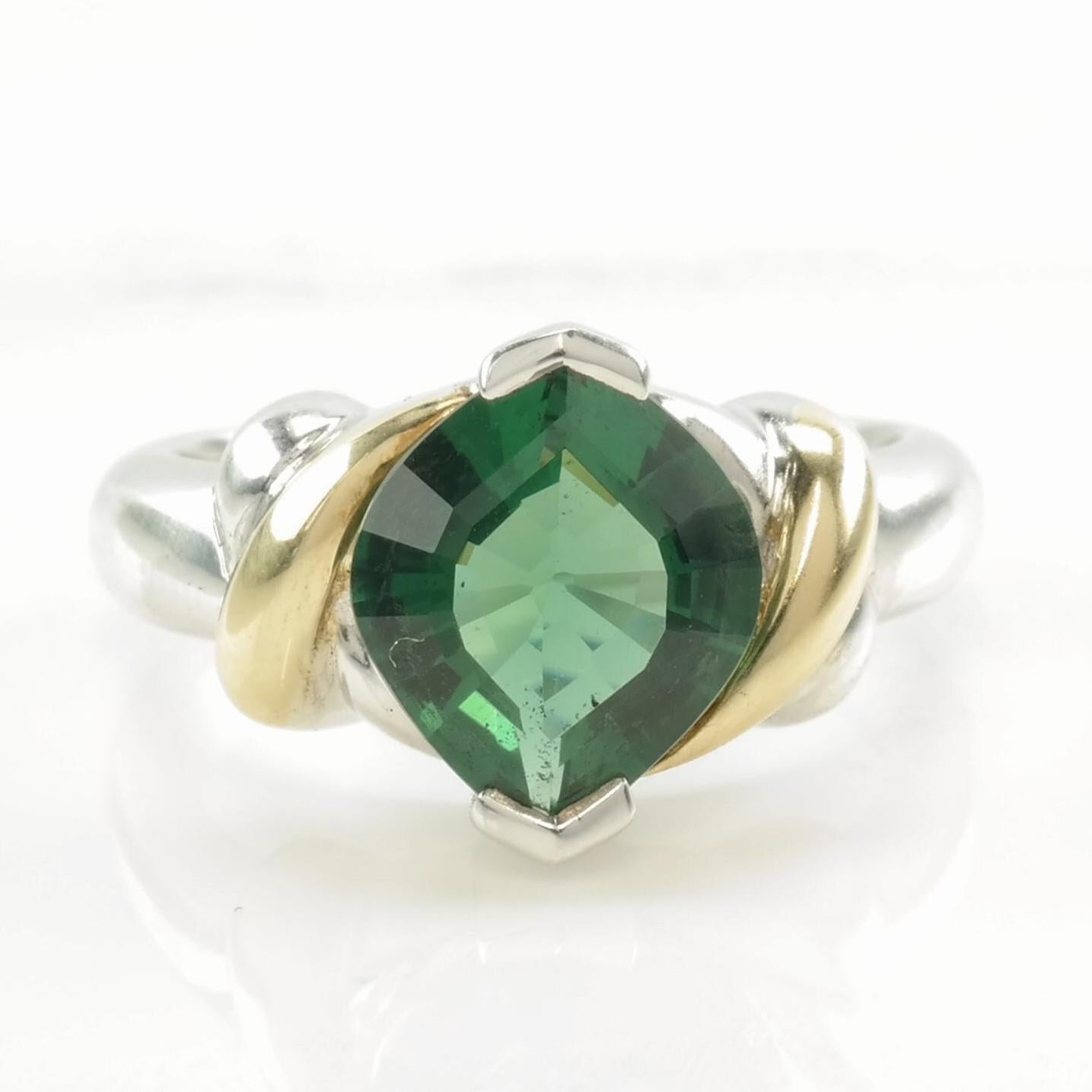 Vintage Sterling Silver Ring Green Gemstone 18K Gold Accent Size 6