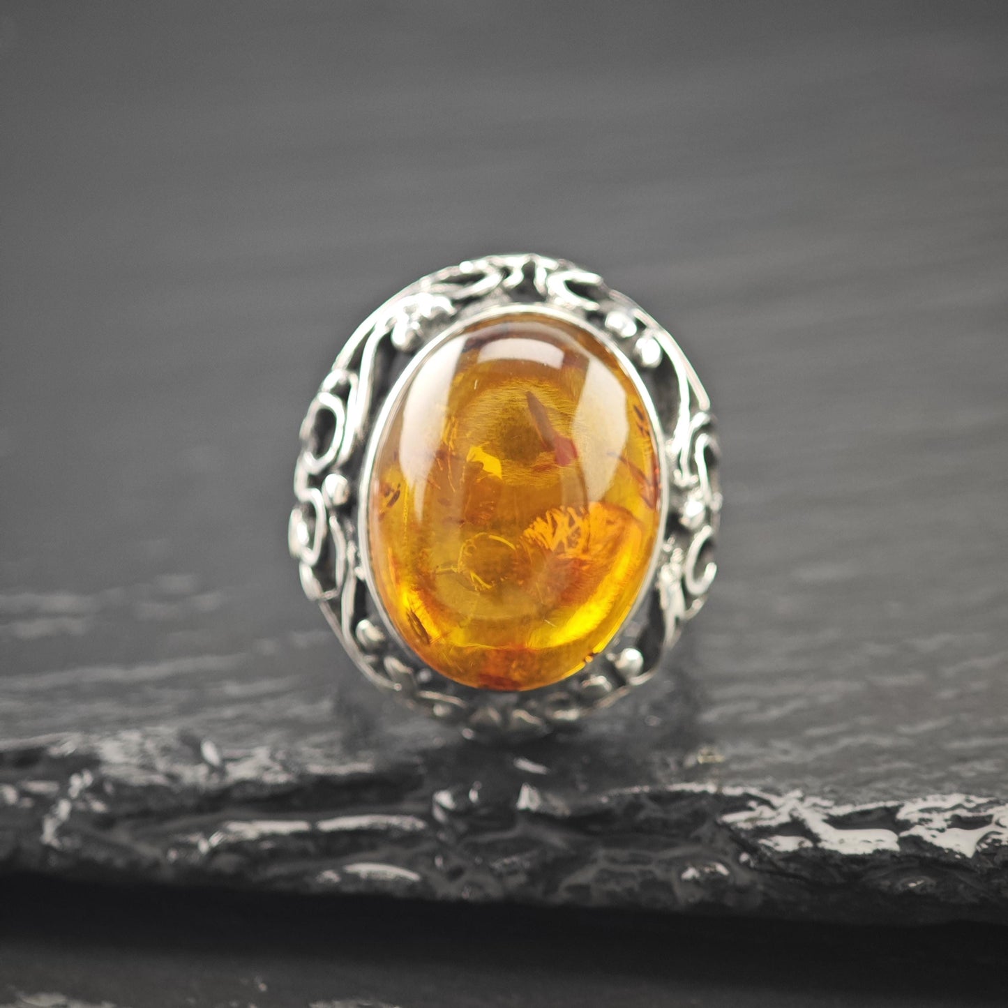European Dome Amber Ring Sterling Silver Sz 9 1/4