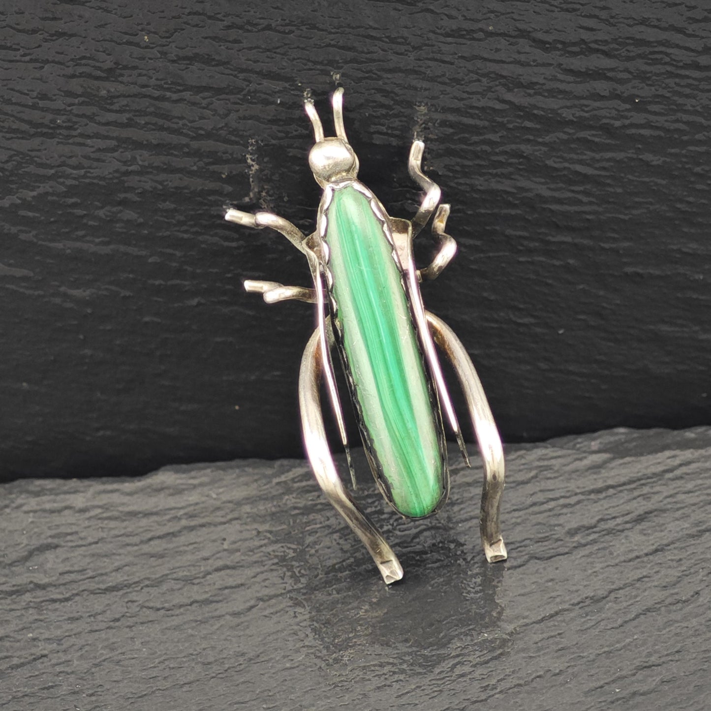 Native American Sterling Silver Brooch Grasshopper Green Malachite
