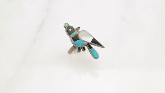 Native American Silver Ring Turquoise, Jet, MOP Inlay, Bluejay Sterling Size 7