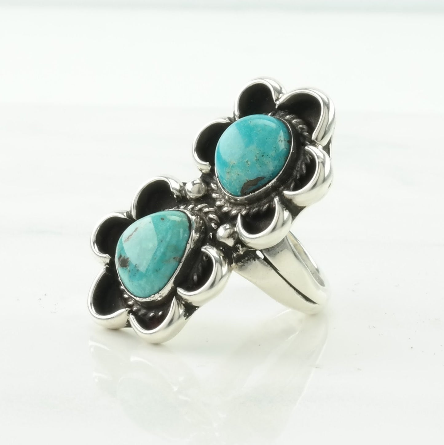 Native American Silver Ring Double, Turquoise Floral Sterling Blue Size 6 1/2