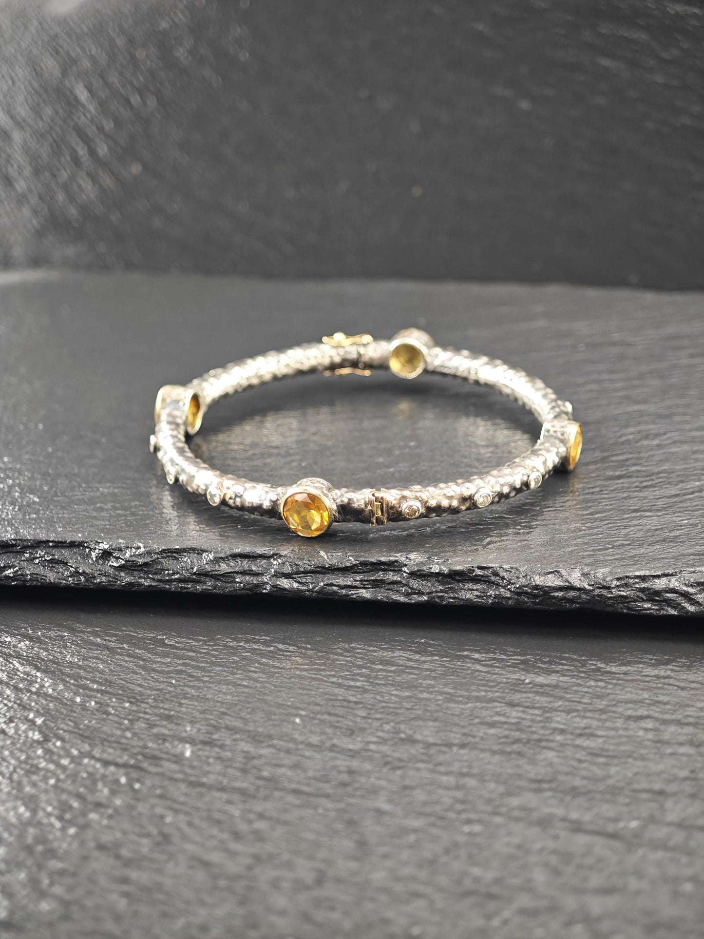 Brutalist 18K Gold Accent Citrine, Diamond Bangle Bracelet Sterling Silver