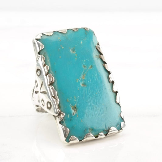 Vintage Southwest Silver Ring Turquoise Rectangle Large Sterling Size 11