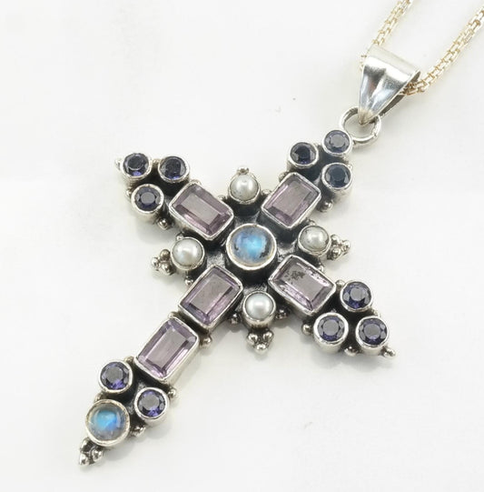 Vintage Nicky Buttler Sterling Silver Iolite Amethyst Moonstone Pearl Ornate Cross Necklace