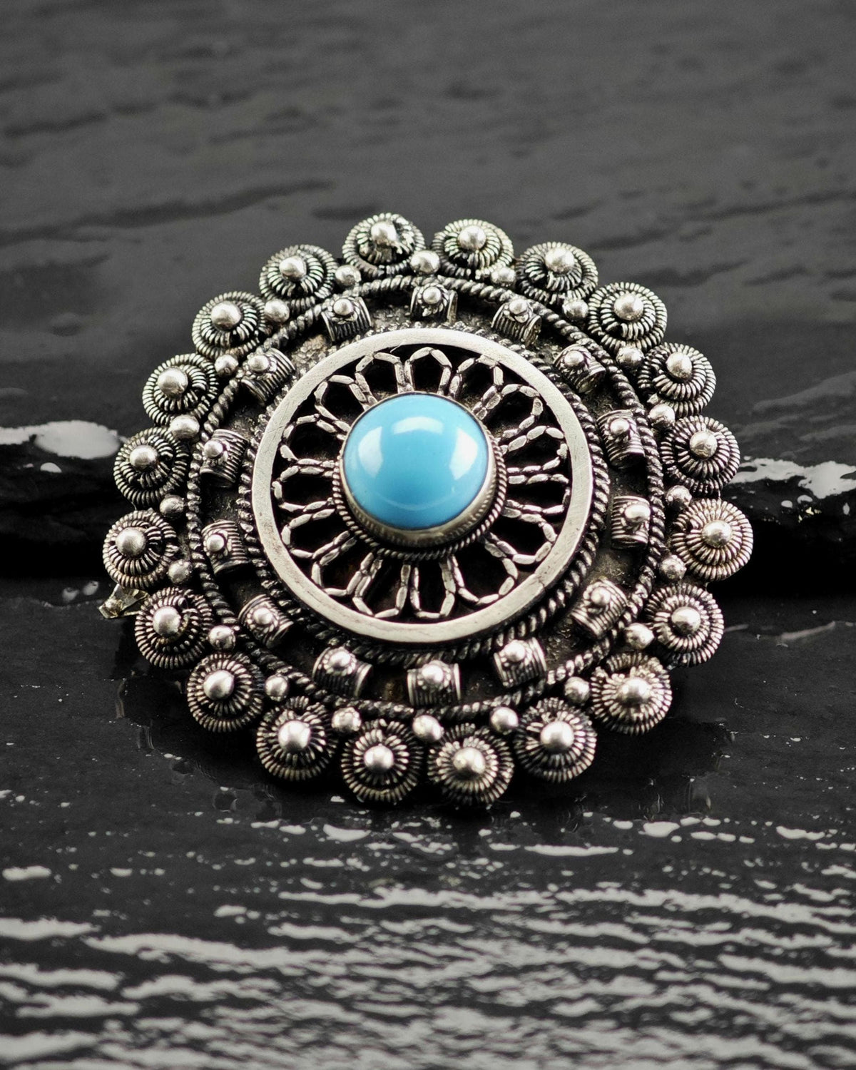 Block Turquoise Cabochon Sterling Silver Brooch/Pendant B2277