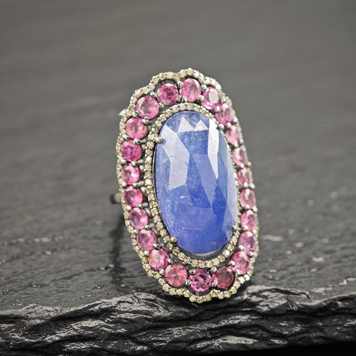 Lg Tanz Dia Ring with Tourmaline in Oxidized Silver R5805