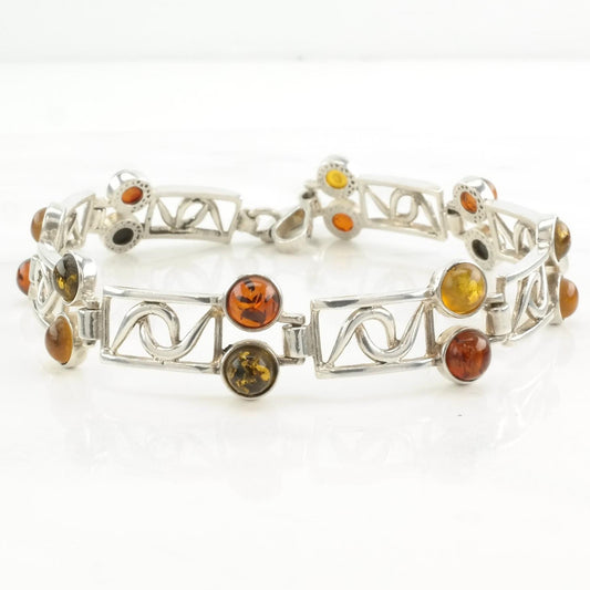 Vintage Sterling Silver Link Bracelet Amber