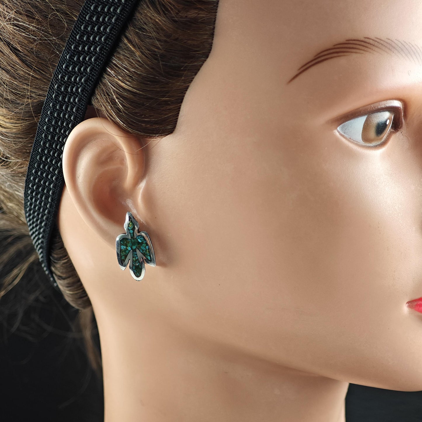 Native American Green Inlay, Turquoise Thunderbird Stud Earrings Sterling Silver