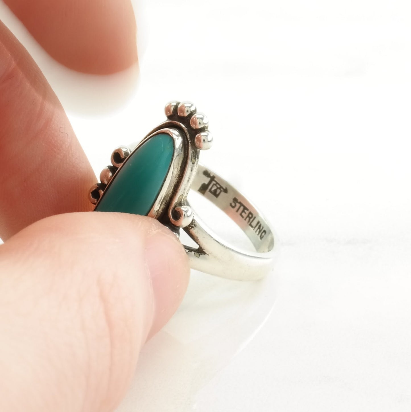 Native American Silver Ring Turquoise Navette Sterling Blue Size 7 1/2