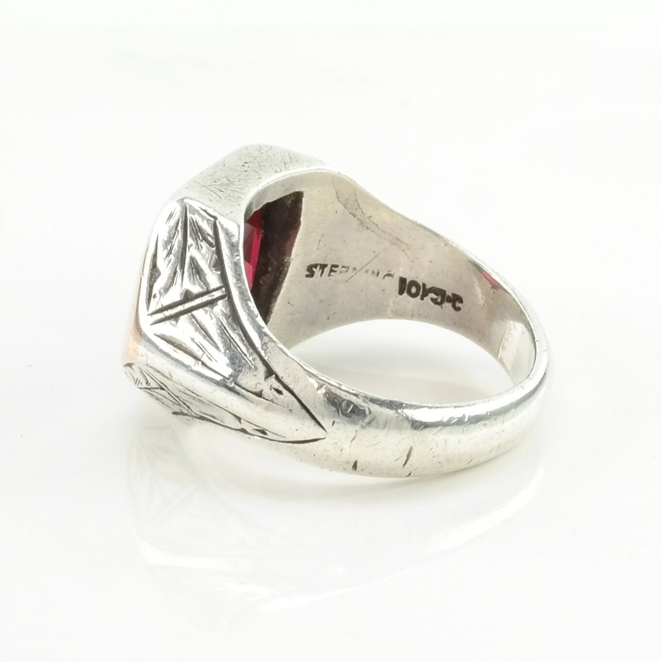 Art Deco Sterling Silver Ring Created Ruby Gold Accent Hand Engraved