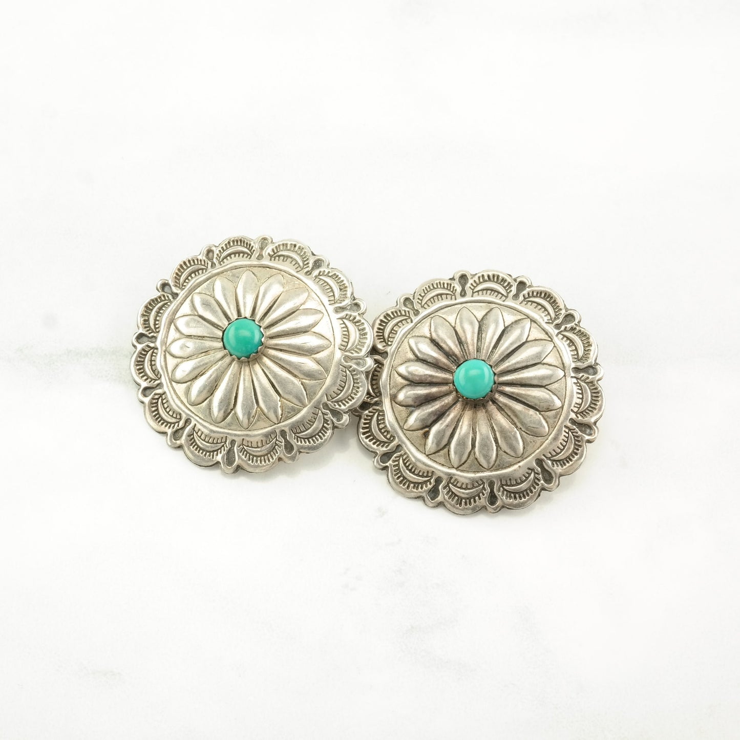 Native American Sterling Silver Blue Turquoise Concho Earrings Clip on