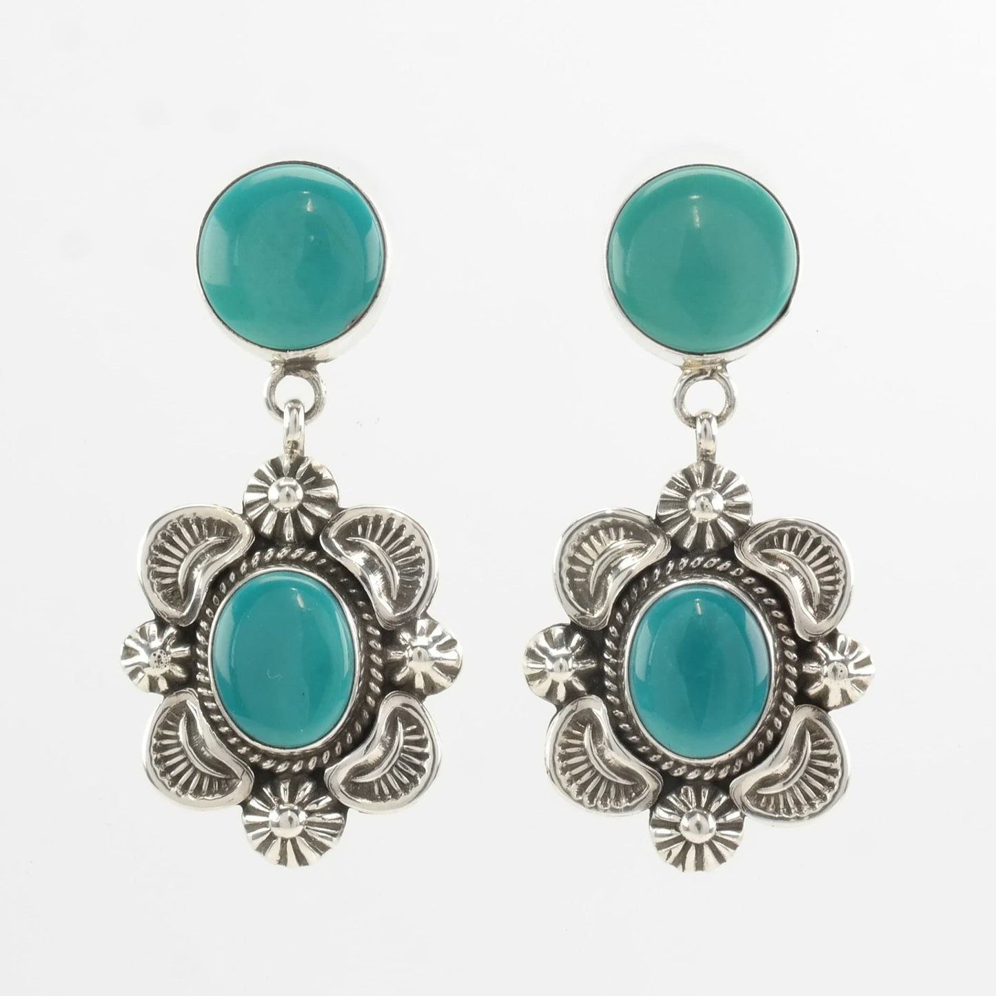 Navajo Sterling Silver Blue Turquoise Floral Earrings Stud, Dangle