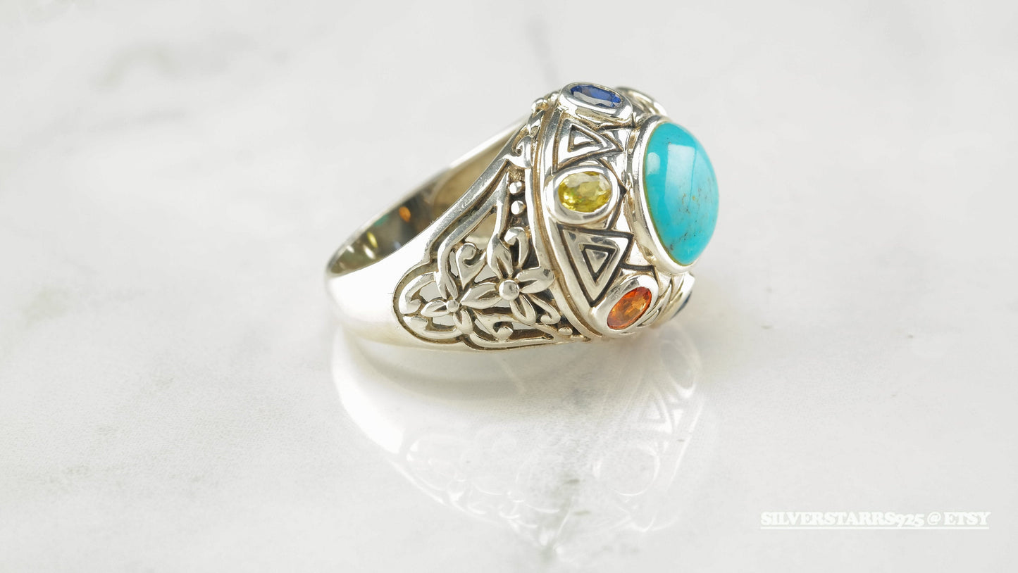 Statement Sterling Silver Ring Size 8 Blue, Yellow, Orange Turquoise Natural Sapphires