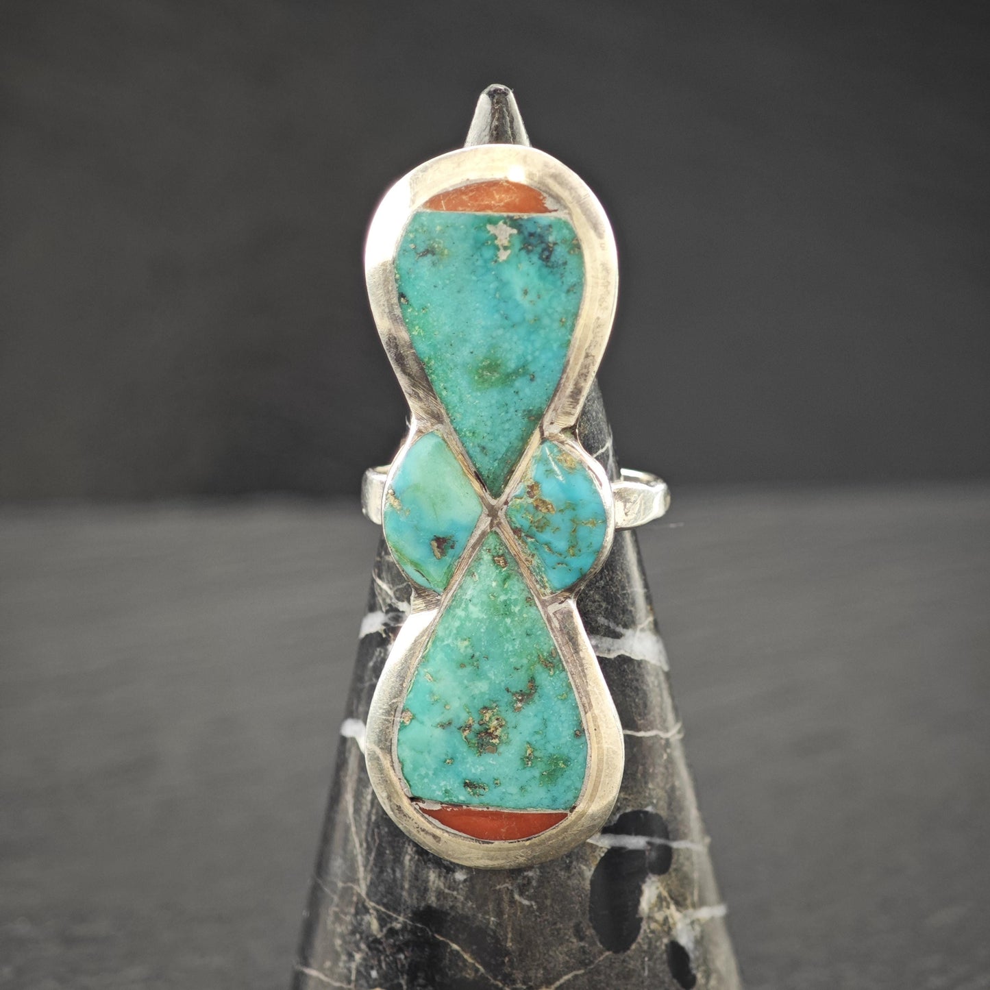 Large Turquoise, Coral Inlay Ring Sterling Silver Sz 8 R5934