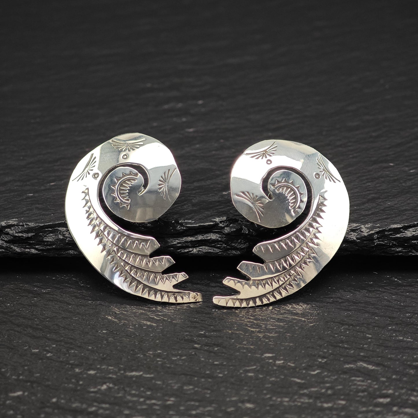 Native American Stamped, Swirl Stud Earrings Sterling Silver