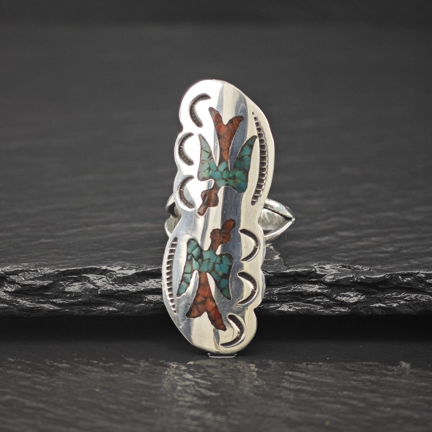 Native American Turquoise Coral Inlay Ring Sterling Silver