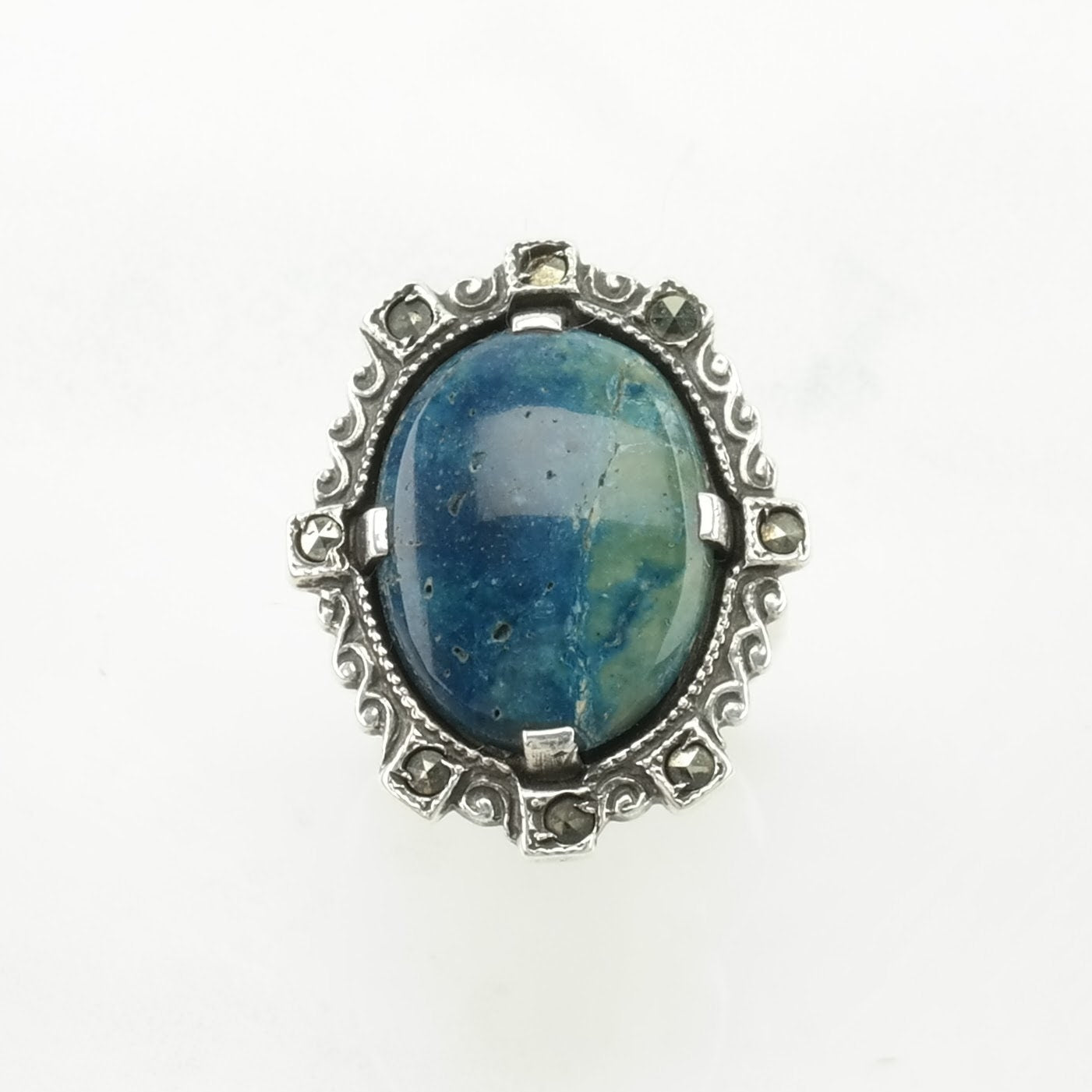 Art Deco Silver Ring Gemstone Marcasite Sterling Blue Size 3 1/2