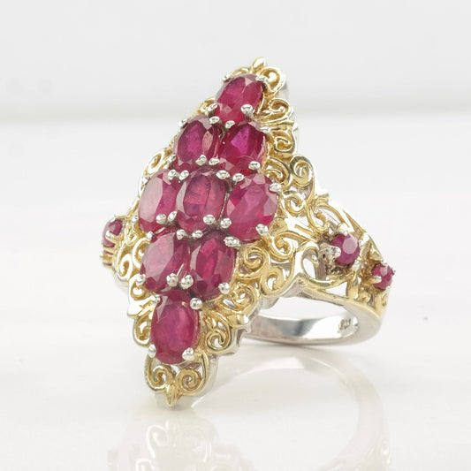 STS Ring Glass Filled Ruby, Cluster Gold Tone Sterling Silver Size 9 1/4