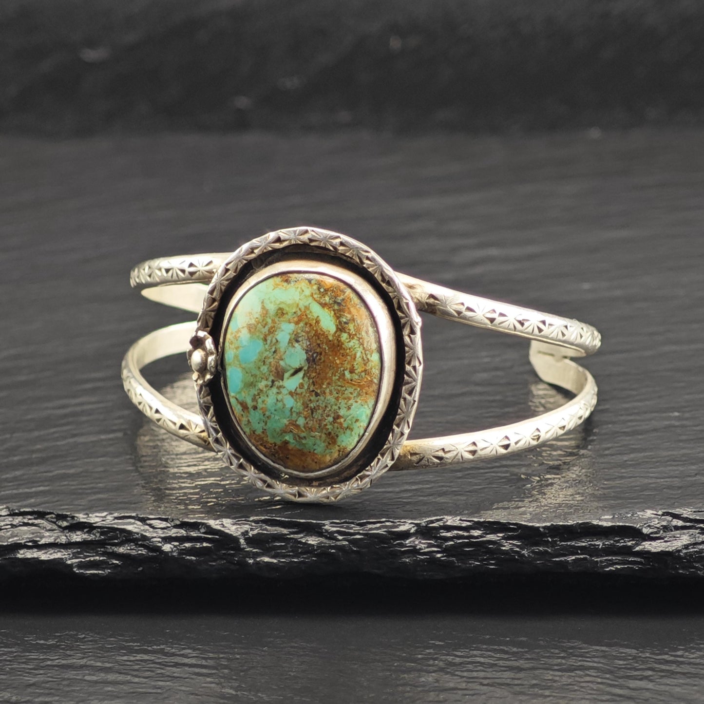 SW Turquoise Stamped Floral Detailed Sterling Silver Cuff Sz 6" BR3138
