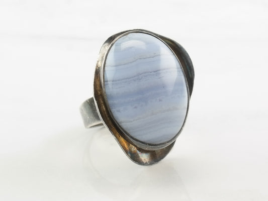 Modernist Silver Ring Blue Lace Agate Modernist Sterling Size 5