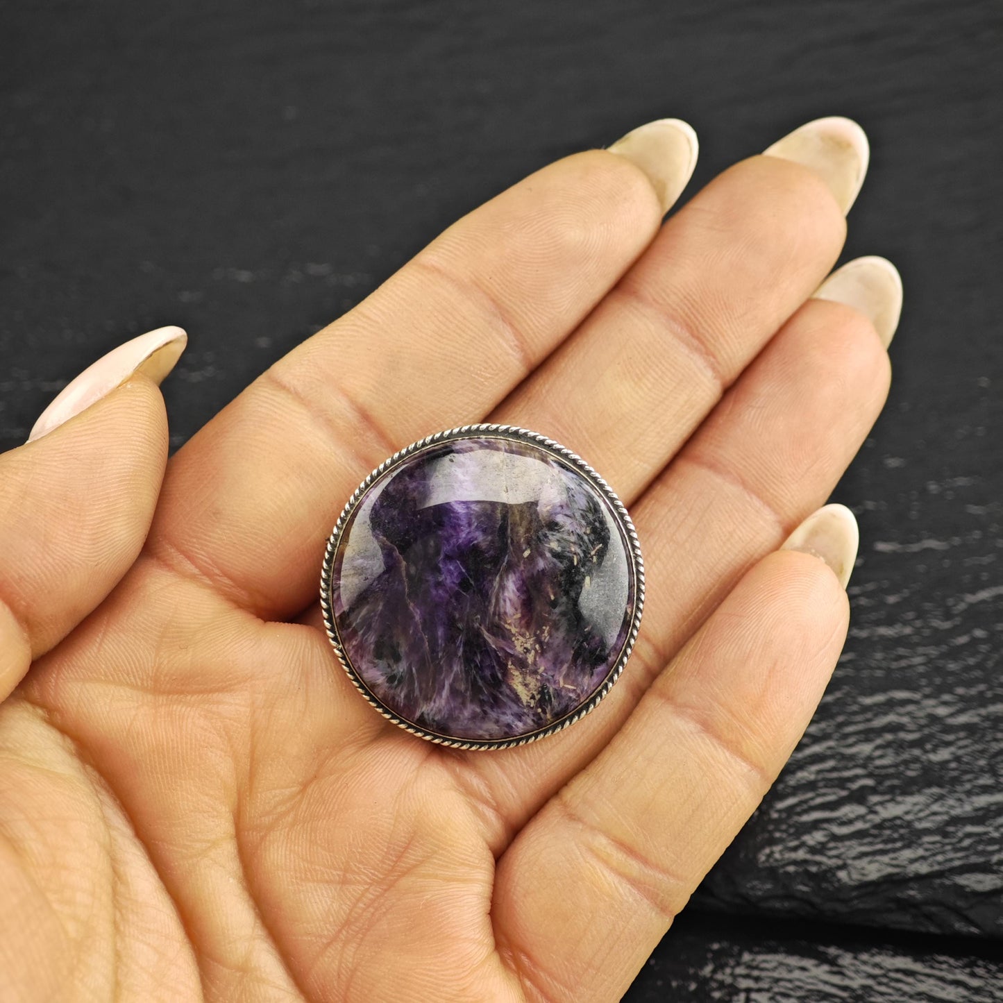 Charoite Round Brooch in Sterling Silver