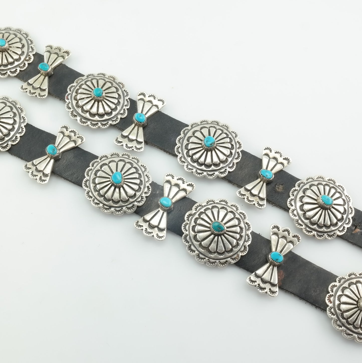 Native American Sterling Silver Leather Bow Turquoise Belt