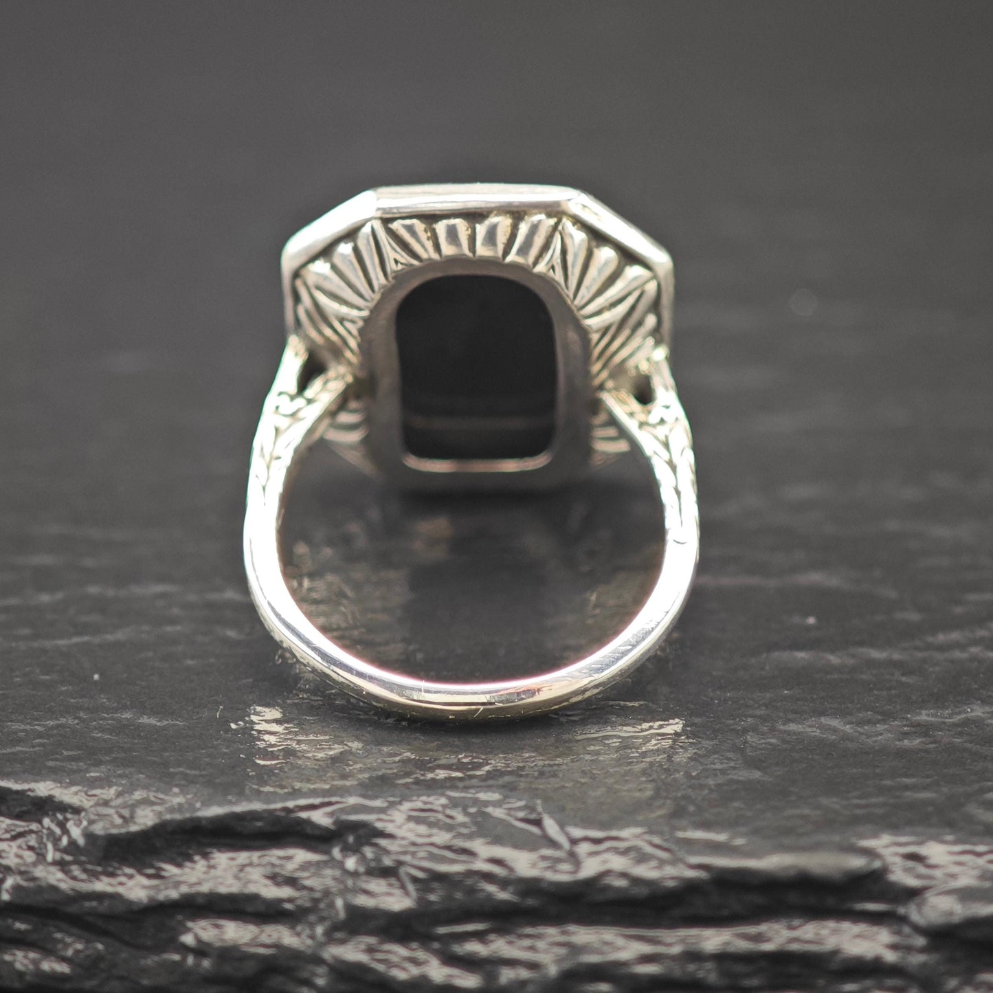 Art Deco Style, Squared Onyx Marcasite Ring Sterling Silver