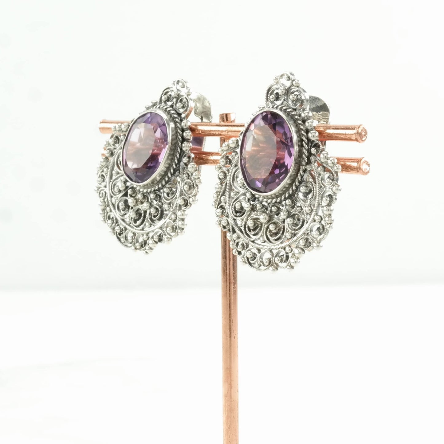 Mid Century Sterling Silver Purple Amethyst Filigree Earrings Clip On