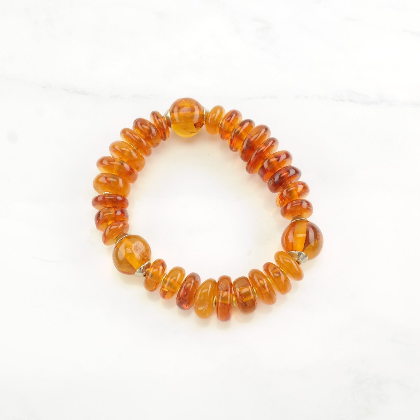 Natural Baltic Amber Bracelet Elastic, Sterling Silver Spacers