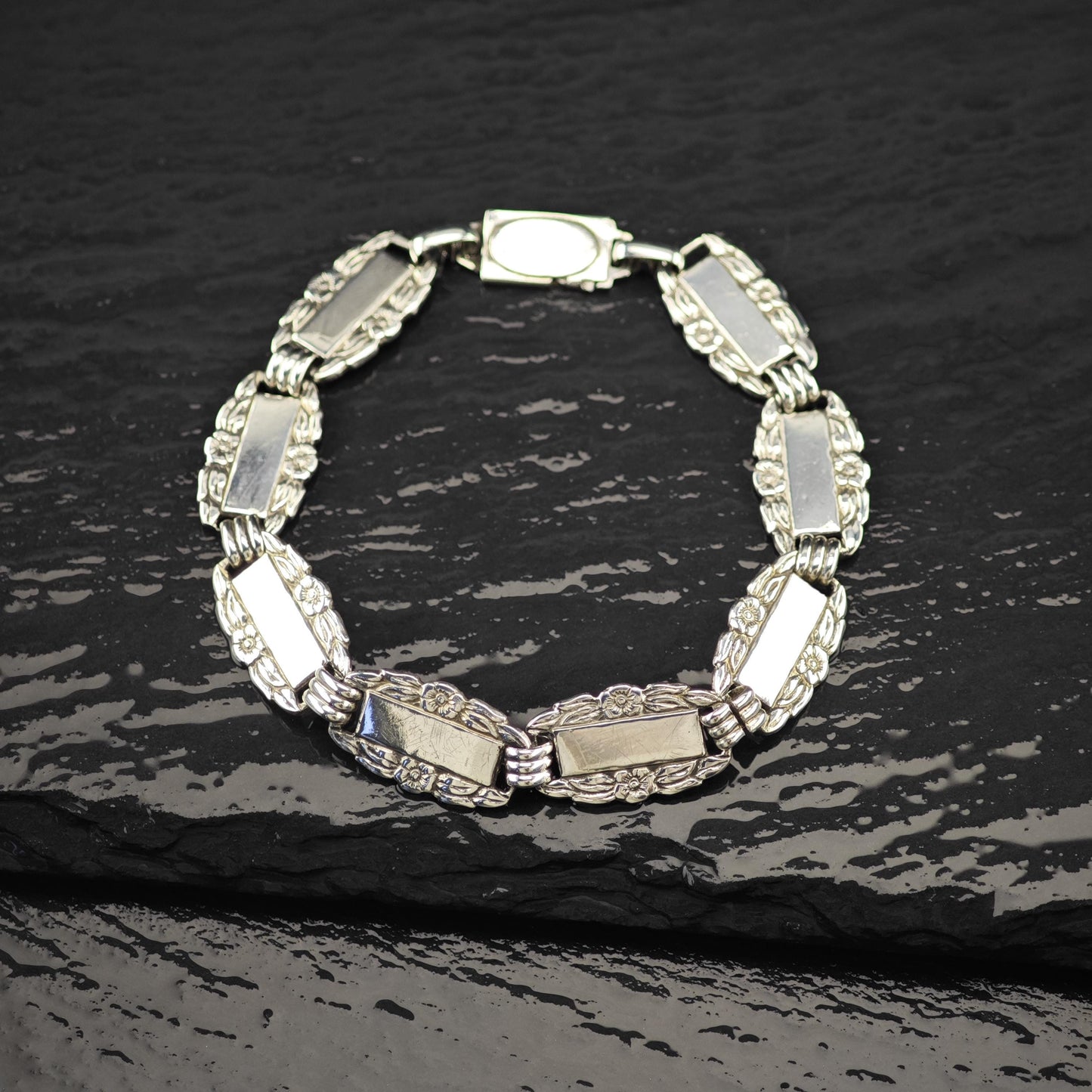 WWII Forget Me Not Link Bracelet Sterling Silver Size 6 3/4"