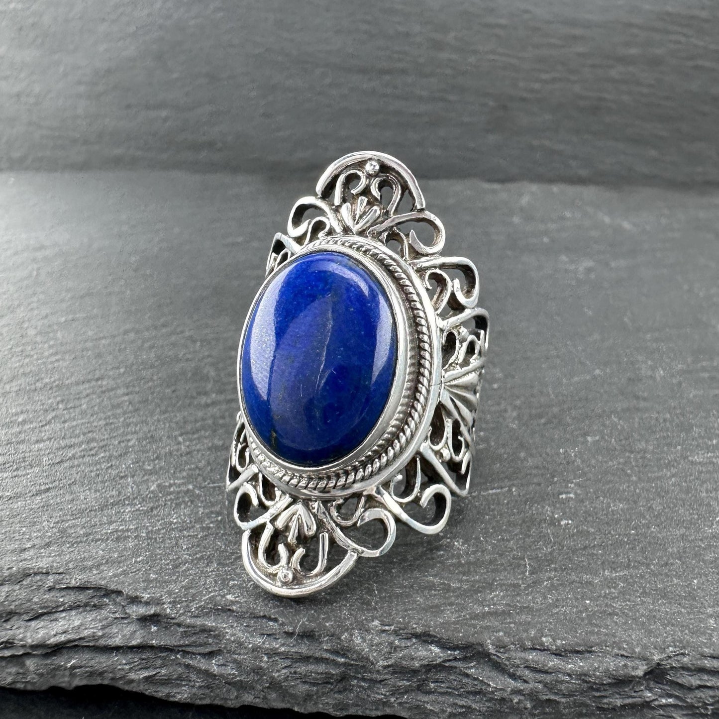 Vintage Lapis, Filigree Ring Sterling Silver