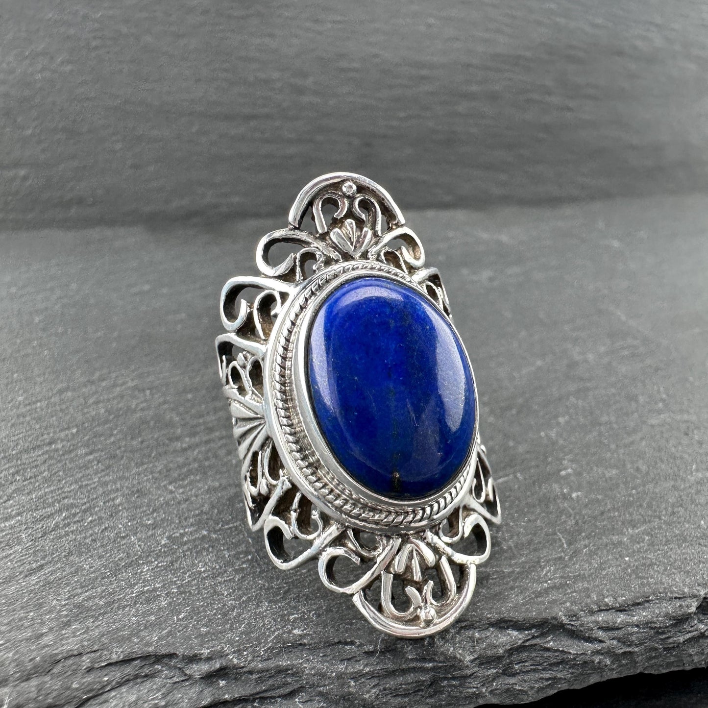 Vintage Lapis, Filigree Ring Sterling Silver