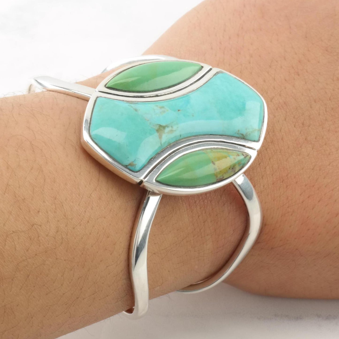 Barse Blue, Green Reconstituted Turquoise, Modernist Sterling Silver Cuff Bracelet