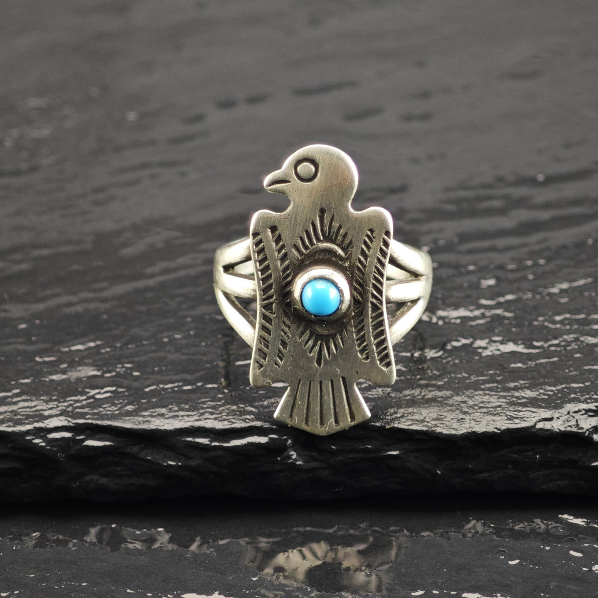SW Block Turquoise Eagle Sterling Silver Ring Sz 5 3/4 R6841