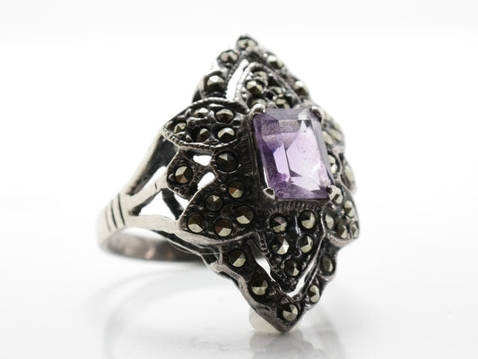 Sterling Silver Ring Amethyst Marcasite Size 10