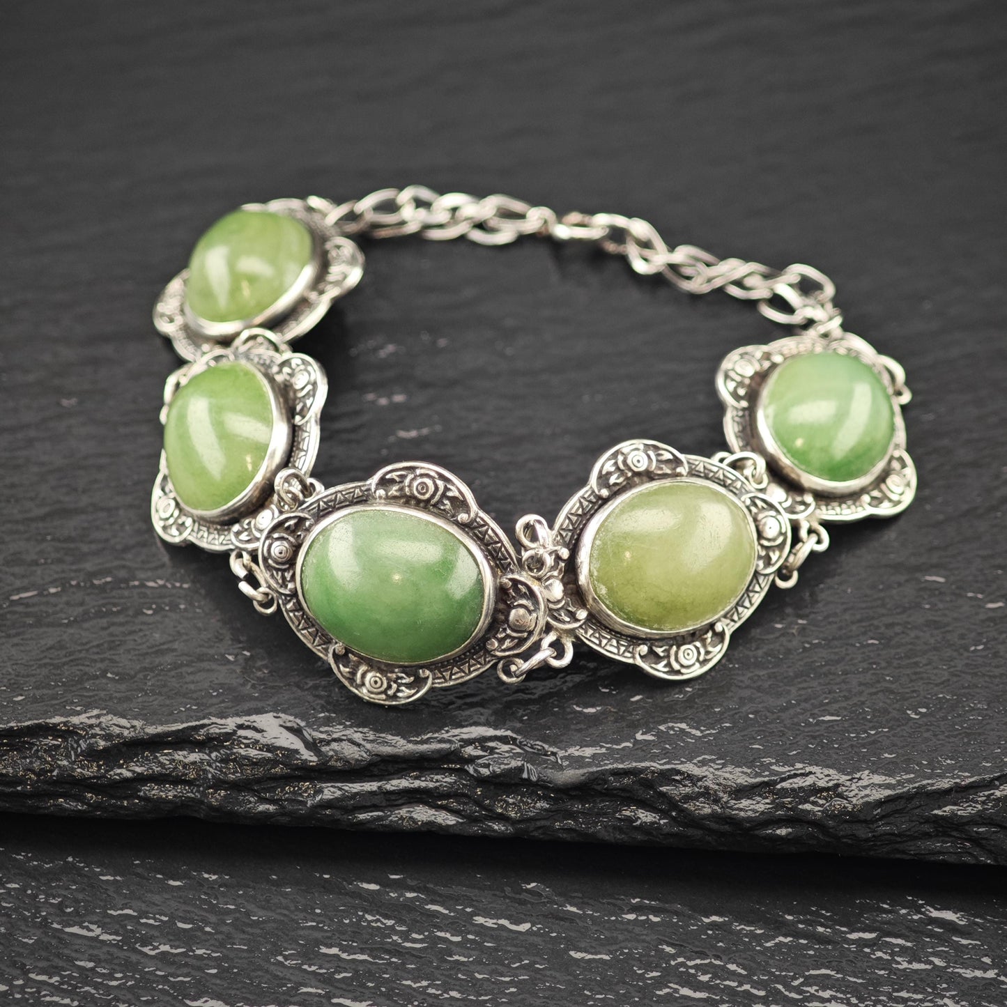 Antique Green Gemstone Cabochons Bracelet Sterling Silver Size 7 1/4"