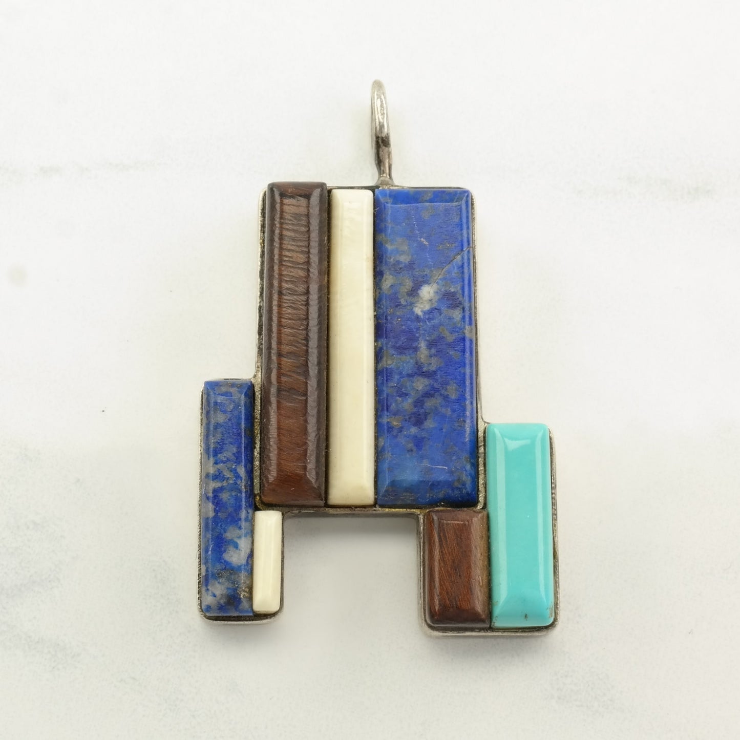 Native American Turquoise, Lapis Lazuli, Stone Cobblestone Inlay Sterling Silver Pendant