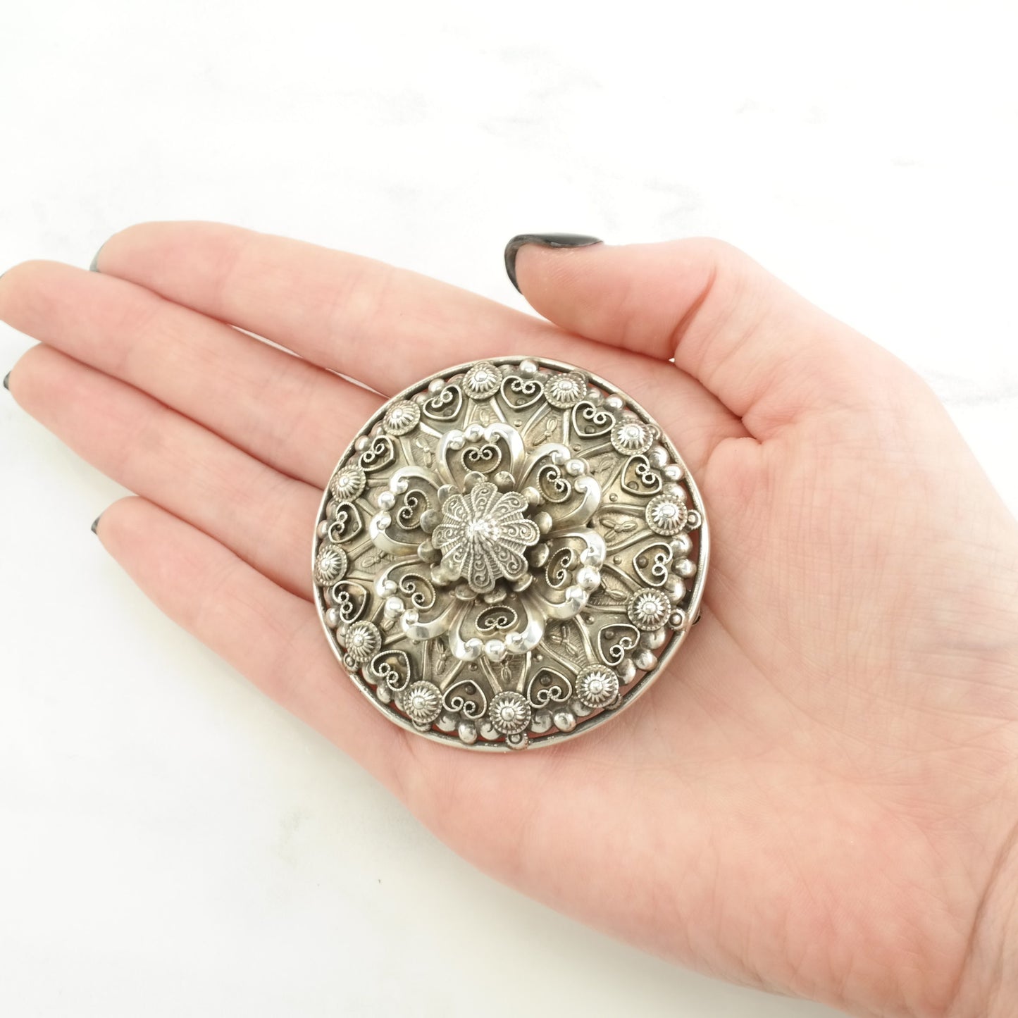 Vintage Silver Brooch Large Filigree, Floral Sterling