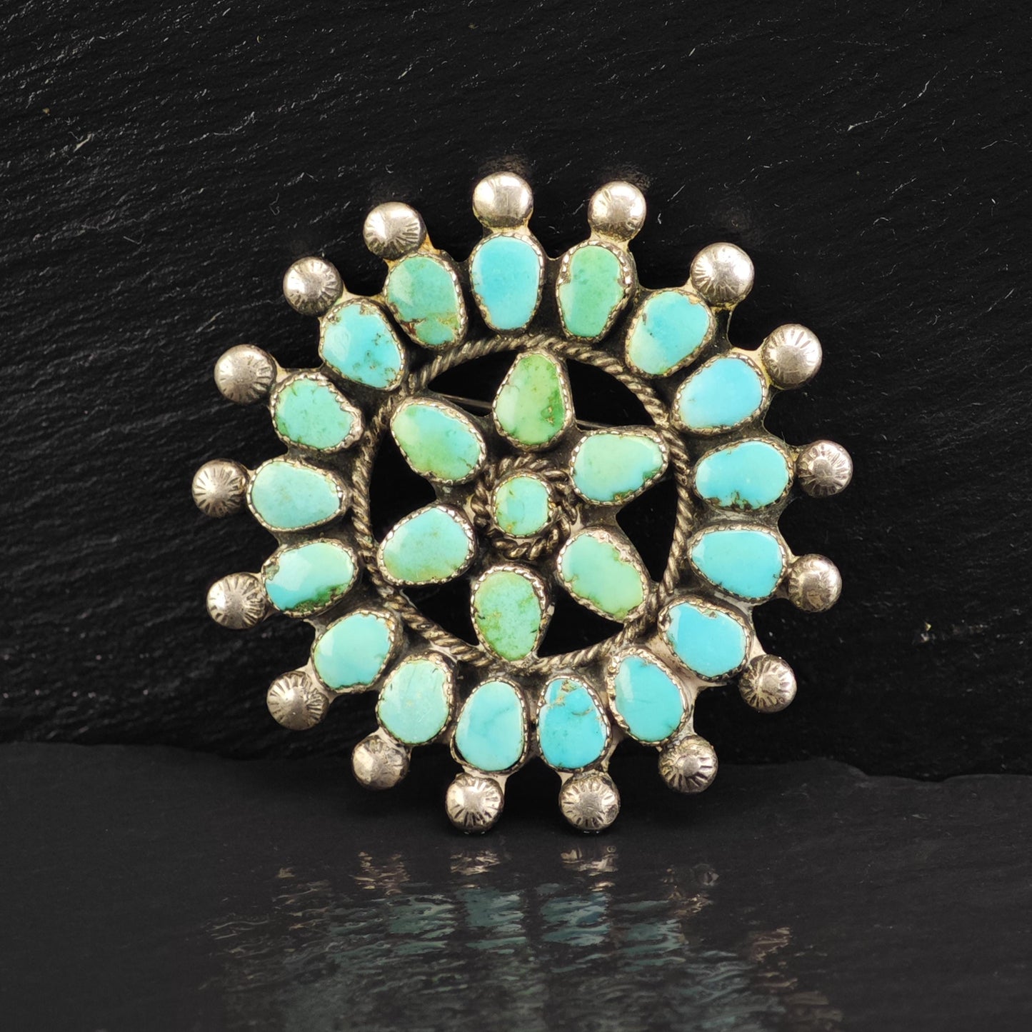 Floral Turquoise Cluster Sterling Silver Brooch
