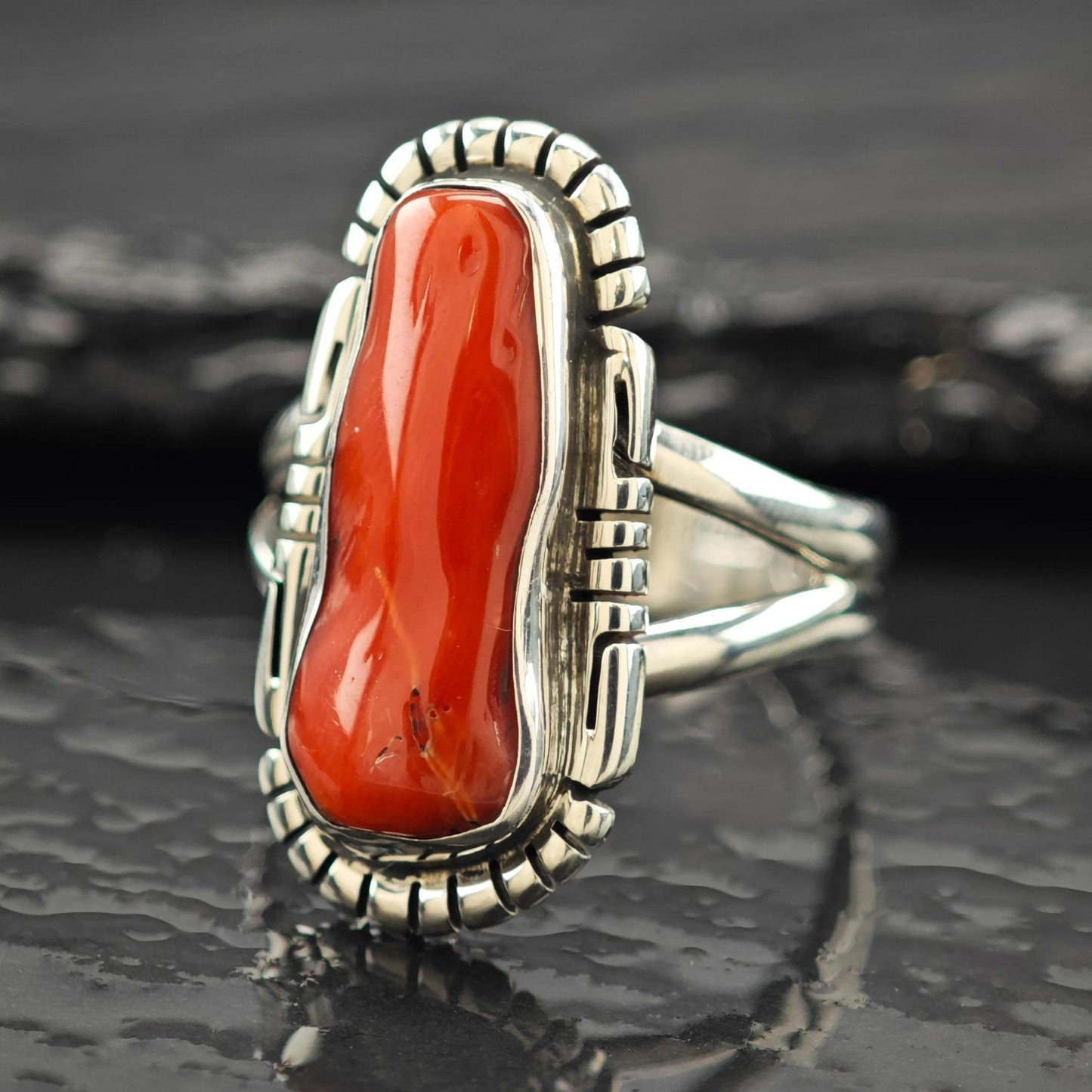 Native American Long Coral Ring Sterling Silver Size 9