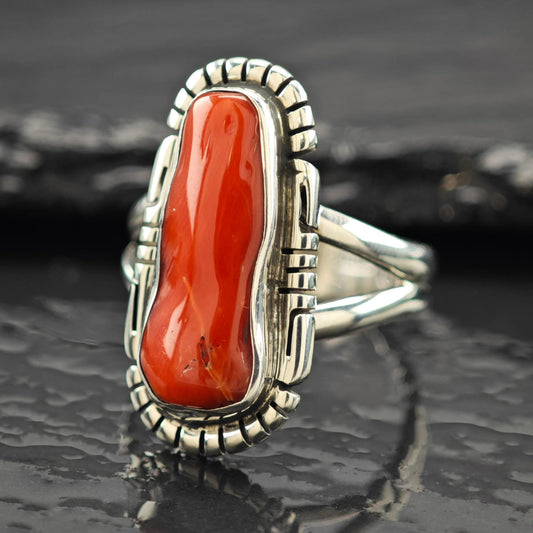 Native American Long Coral Ring Sterling Silver Size 9