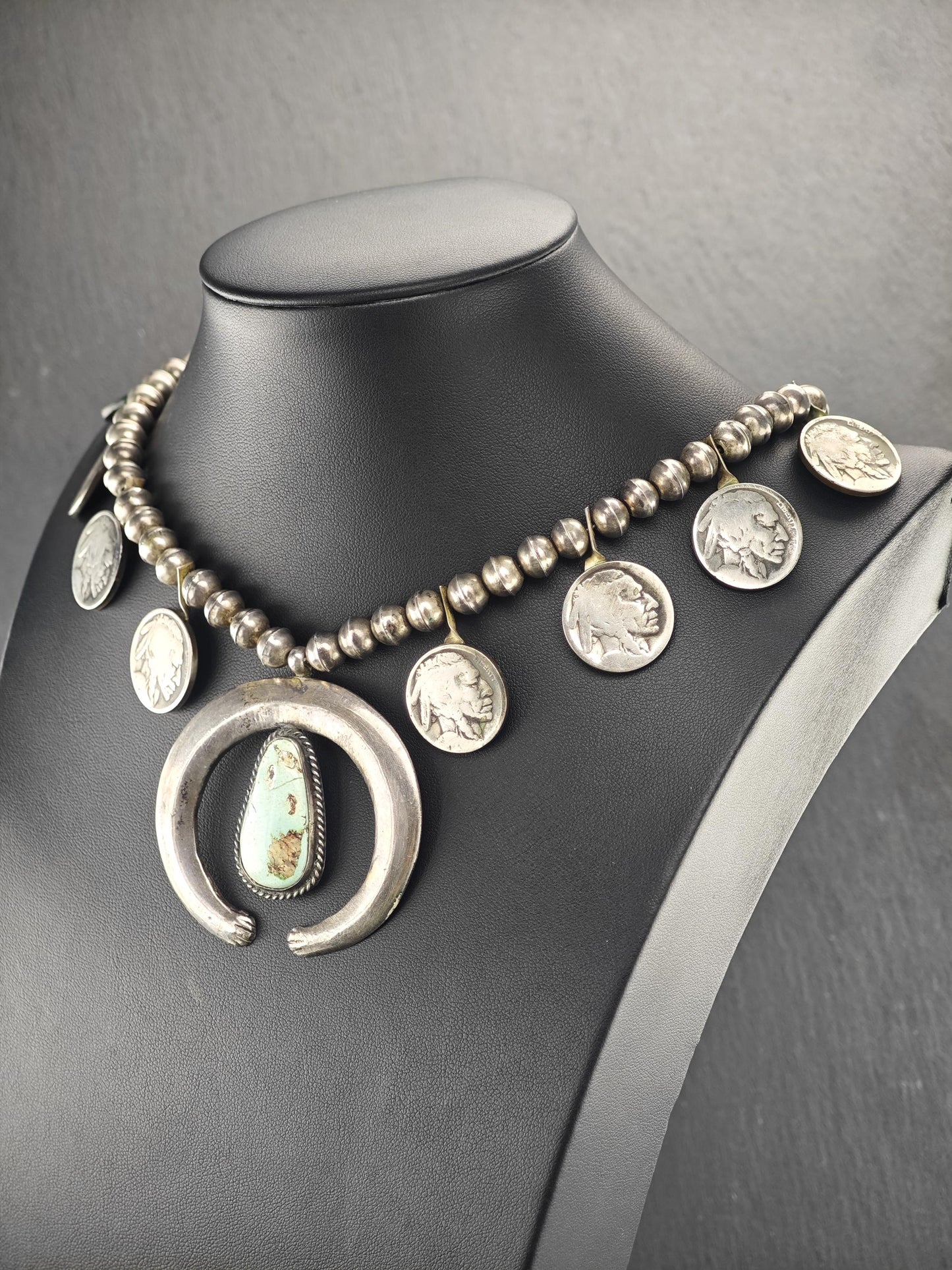 Native American Green Turquoise, Buffalo Nickles Squash Blossom Necklace Sterling Silver