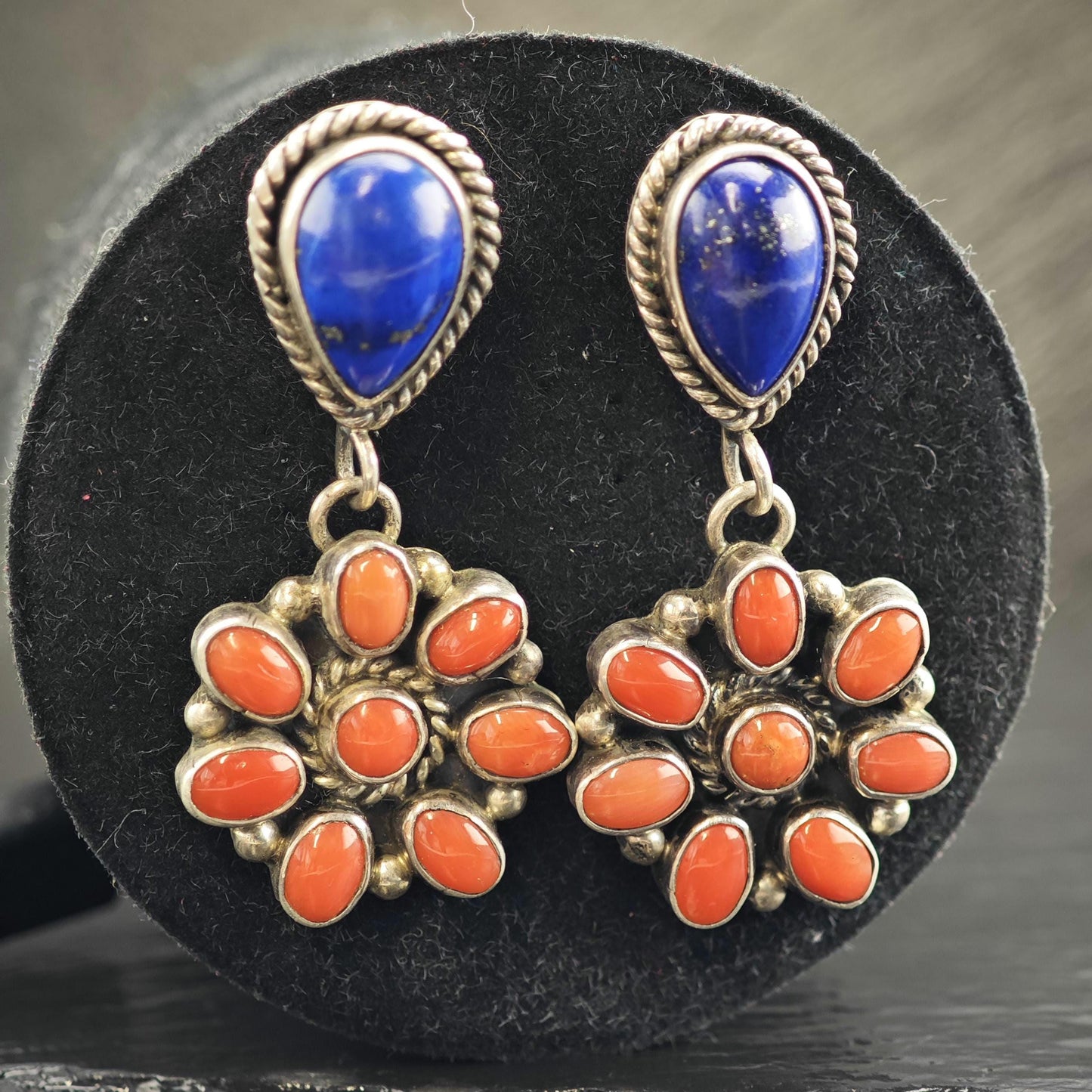 SW Lapis & Coral Floral Stud/Dangle Sterling Silver Earrings ER3170