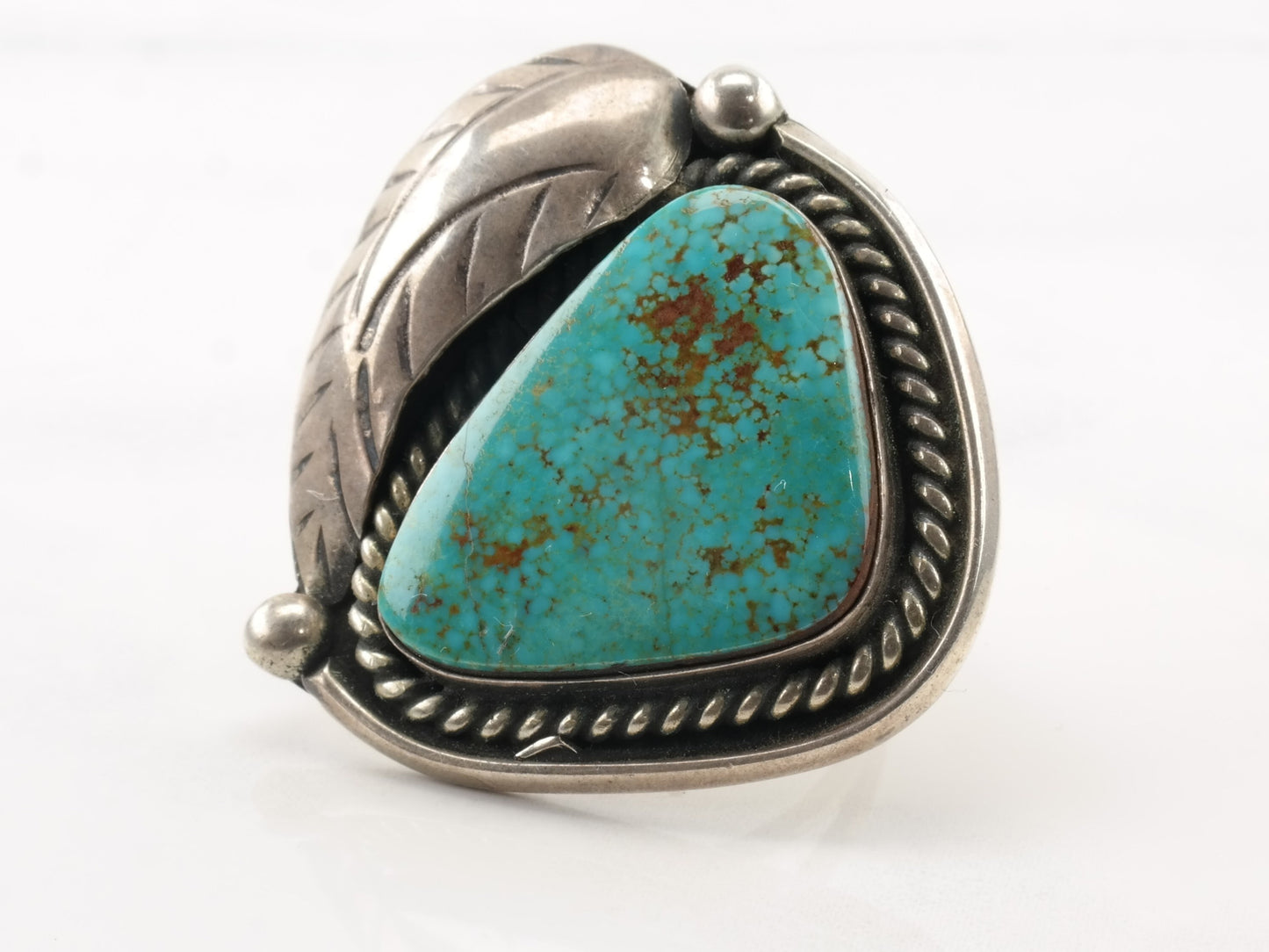 Vintage Sterling Silver Ring Spiderweb Turquoise Leaf Size 8