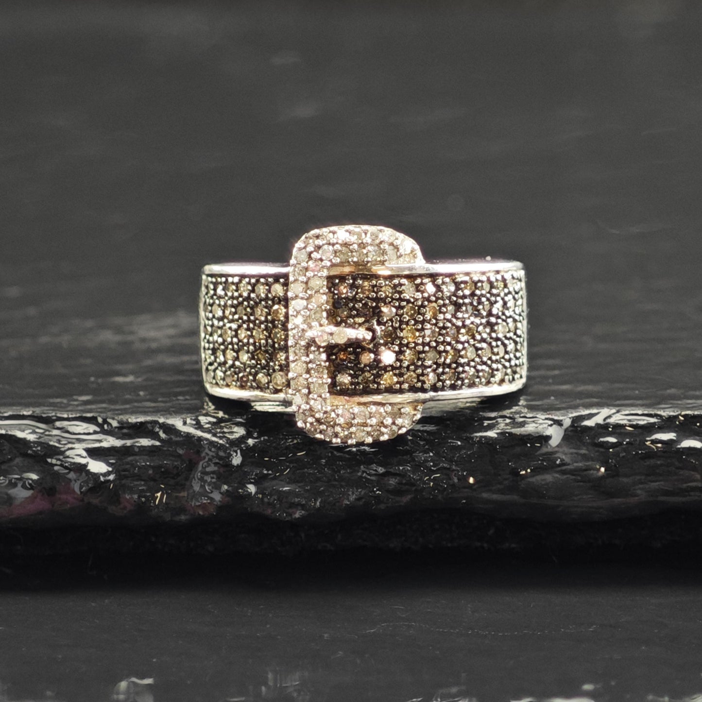 Brown & White Diamond Belt Buckle Sterling Silver Ring Sz 5 1/4 R6564